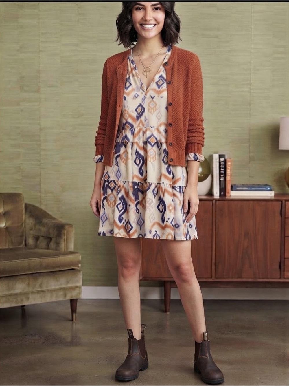 Mexx Cream Mini Dress with Navy & Orange Ikat Print